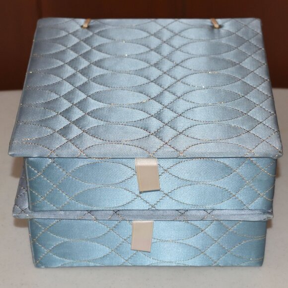 Lot of (2) Vtg Blue Quilted Satin Vanity Square Box For Glove Handkerchief Scarf - Picture 2 of 8